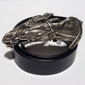 Gucci Silver Toned Double Horse Head Leather Belt